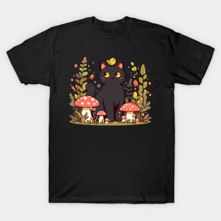 Black Cat With Yellow Bird in Mushroom Garden T-Shirt